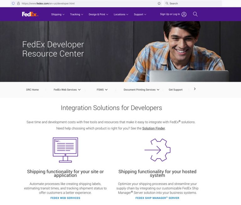 FedEx Developer Home Page screenshot