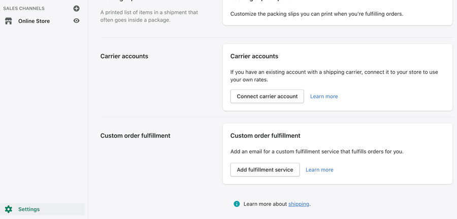 Screenshot of Shopify admin setting for Shipping