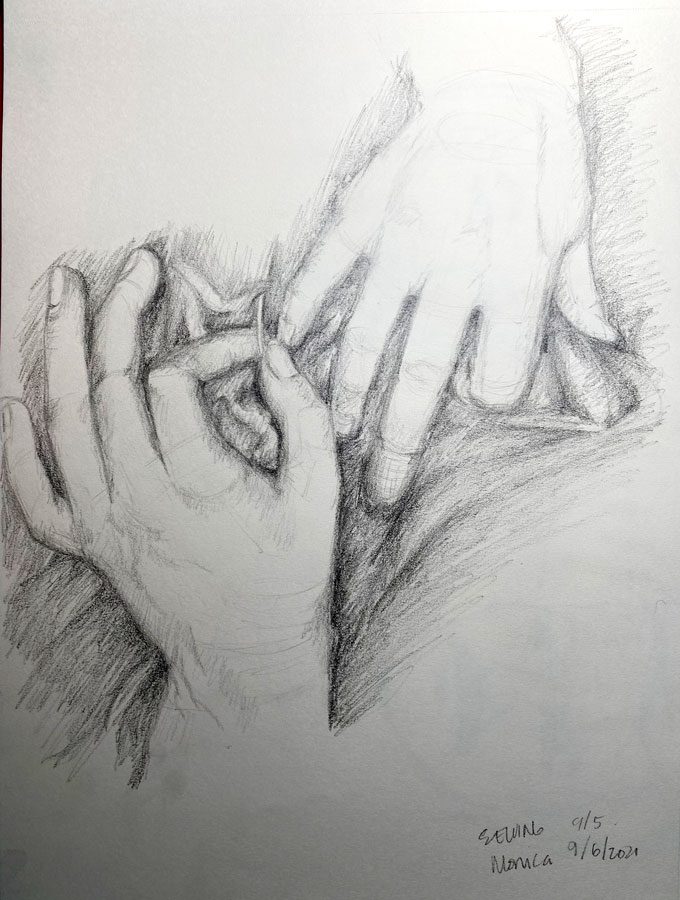 Pencil drawing reference photo Alfred Stieglitz - Georgia O'Keefe's hands sewing
